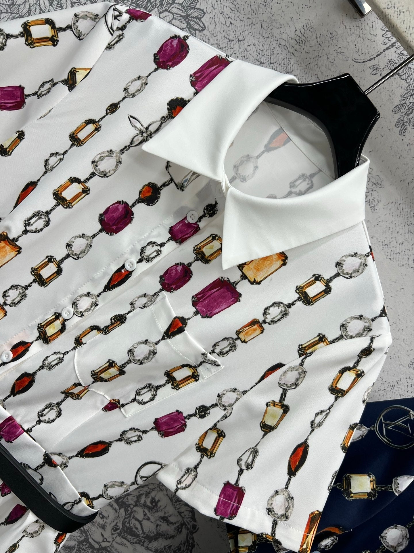 LV 25 Printed Round Neck Lining Pleated Dress White BLue Poliester