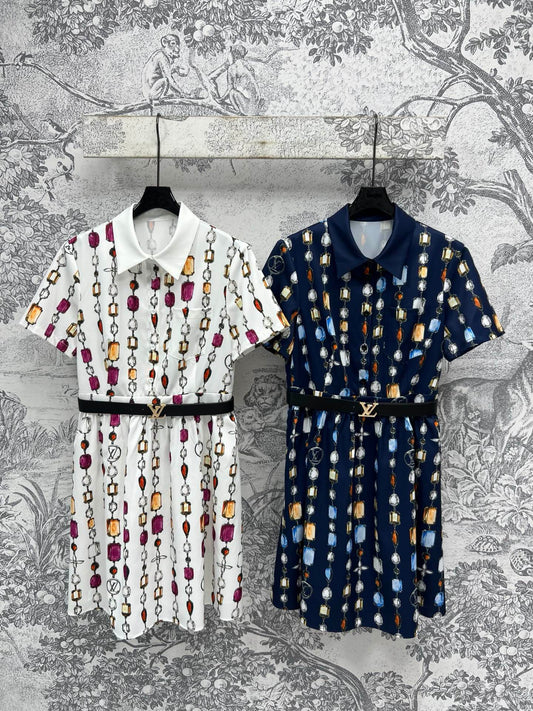 LV 25 Printed Round Neck Lining Pleated Dress White BLue Poliester