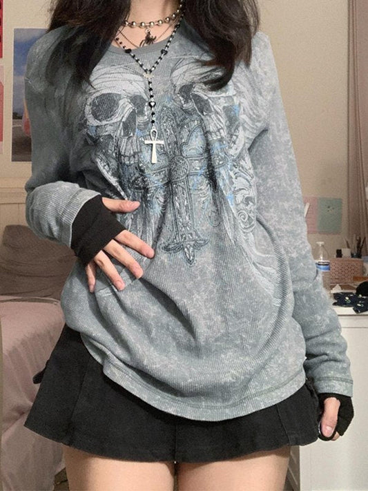 Gray Vintage Cross Skull Printed Long Sleeve Top