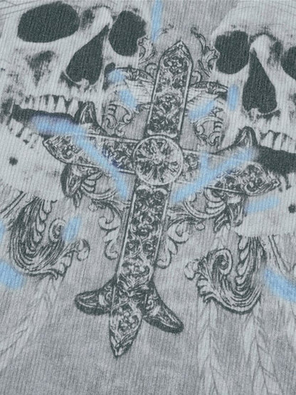 Gray Vintage Cross Skull Printed Long Sleeve Top