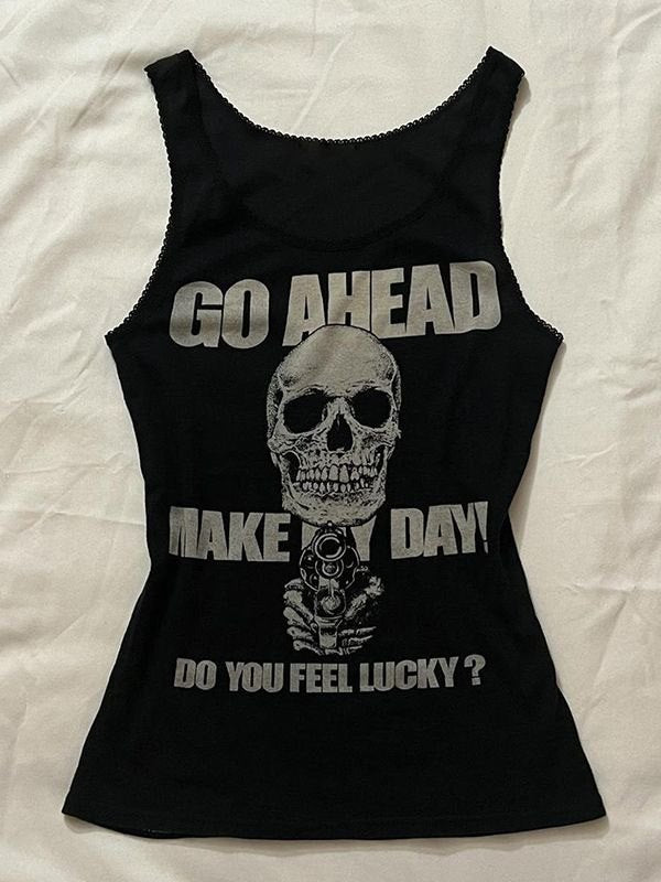 Black Gothic Punk Tank Top with Skull Print