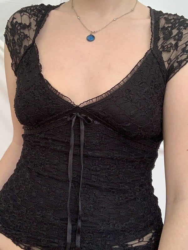 Black Y2k V Neck Tie Front Lace Blouse