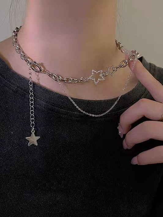 Vintage Silver Rhinestone Star Decor Layered Chain Necklace