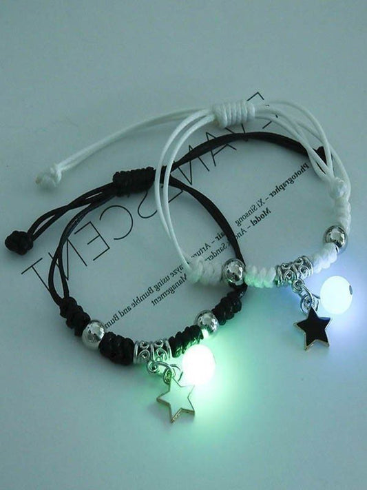 2PCS Black and White Y2K Star Charm Luminous Rope Bracelet