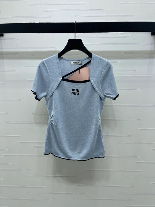 Miumiu 2026 Square Neck Knit Short-Sleeve Top Wool Cashmere 355575