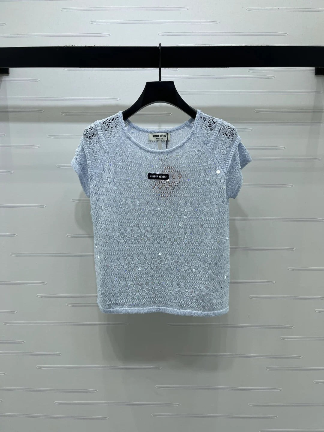 Miumiu 2026 Hollowed-out Knit Top Blue White Wool Polyester