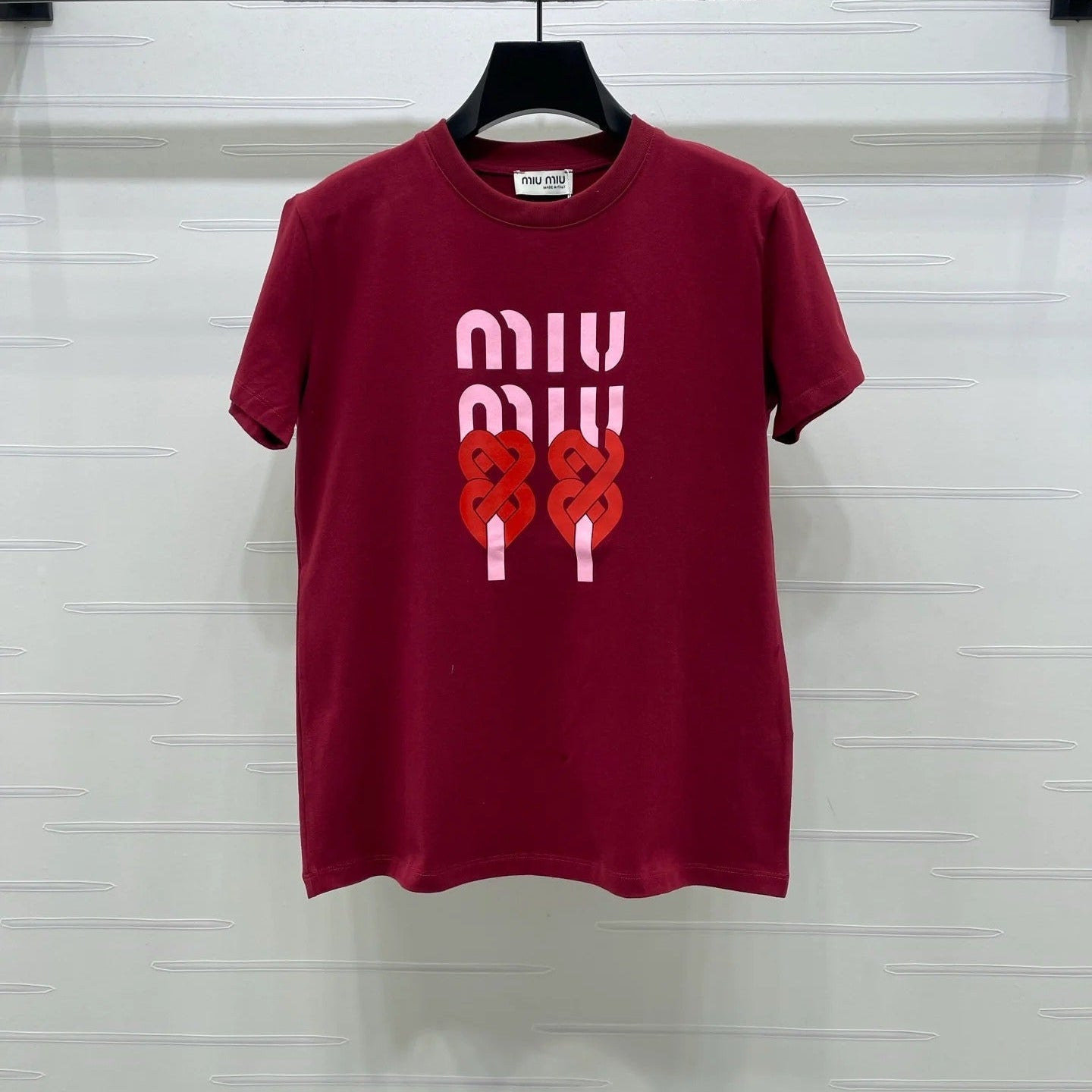 Miumiu 2026 Letter Crew Neck Short-sleeved T-shirt Red and White Cotton