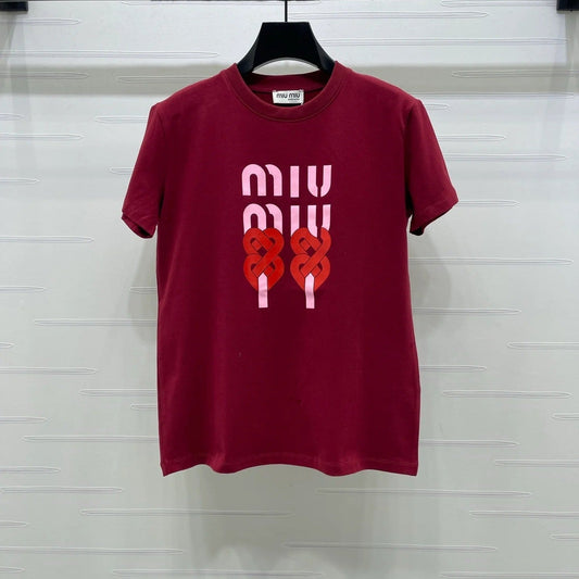 Miumiu 2026 Letter Crew Neck Short-sleeved T-shirt Red and White Cotton