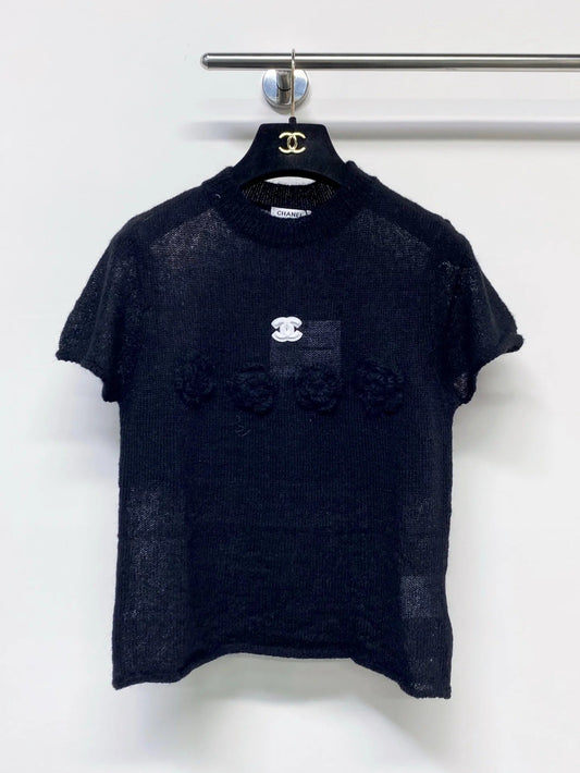 Chanel 2026 Floral Short Sleeve T-shirt Black and Beige Wool