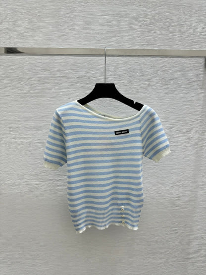 Miumiu 2026 Striped Knit Short-Sleeve Blue and Black Wool Polyester 132745