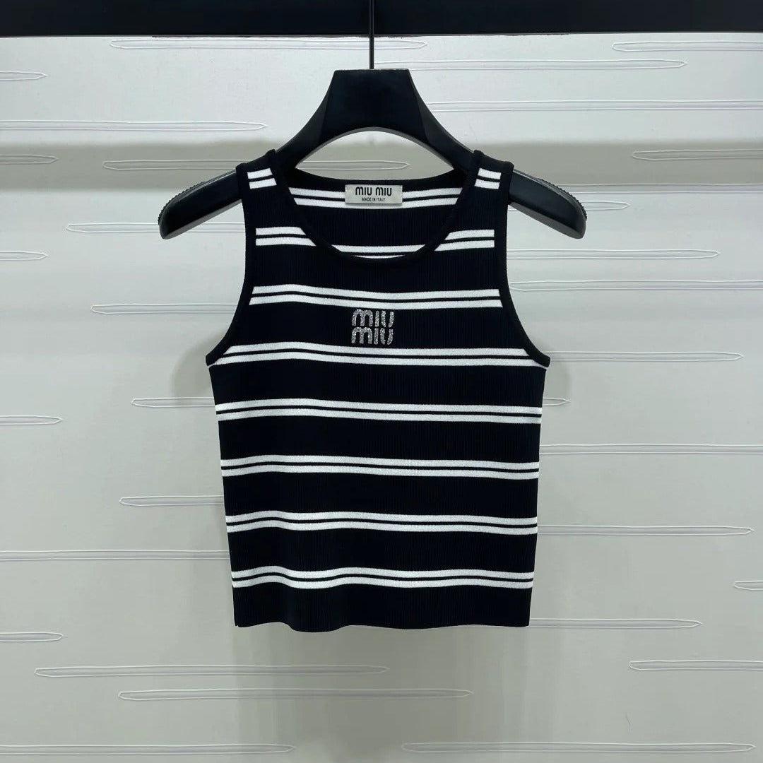 Miumiu 2026 Crew Neck Striped Knit Vest Black and White Wool 352631