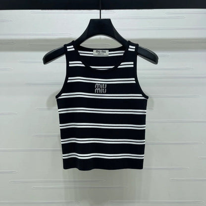 Miumiu 2026 Crew Neck Striped Knit Vest Black and White Wool 352631