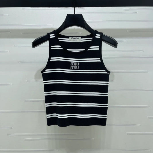 Miumiu 2026 Crew Neck Striped Knit Vest Black and White Wool 352631