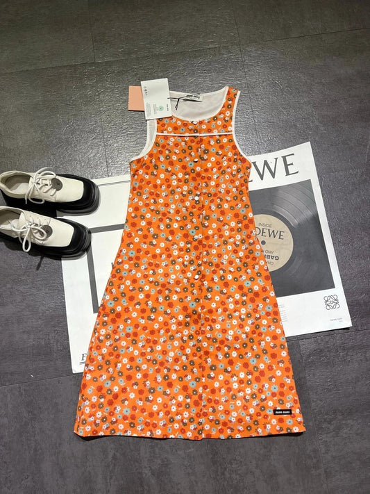 Miumiu 2026 Flower Dress Orange mix Colors Cotton 187754