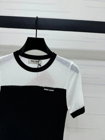 MIUMIU CREW NECK SHORT-SLEEVE SHEER KNIT TOP 274813