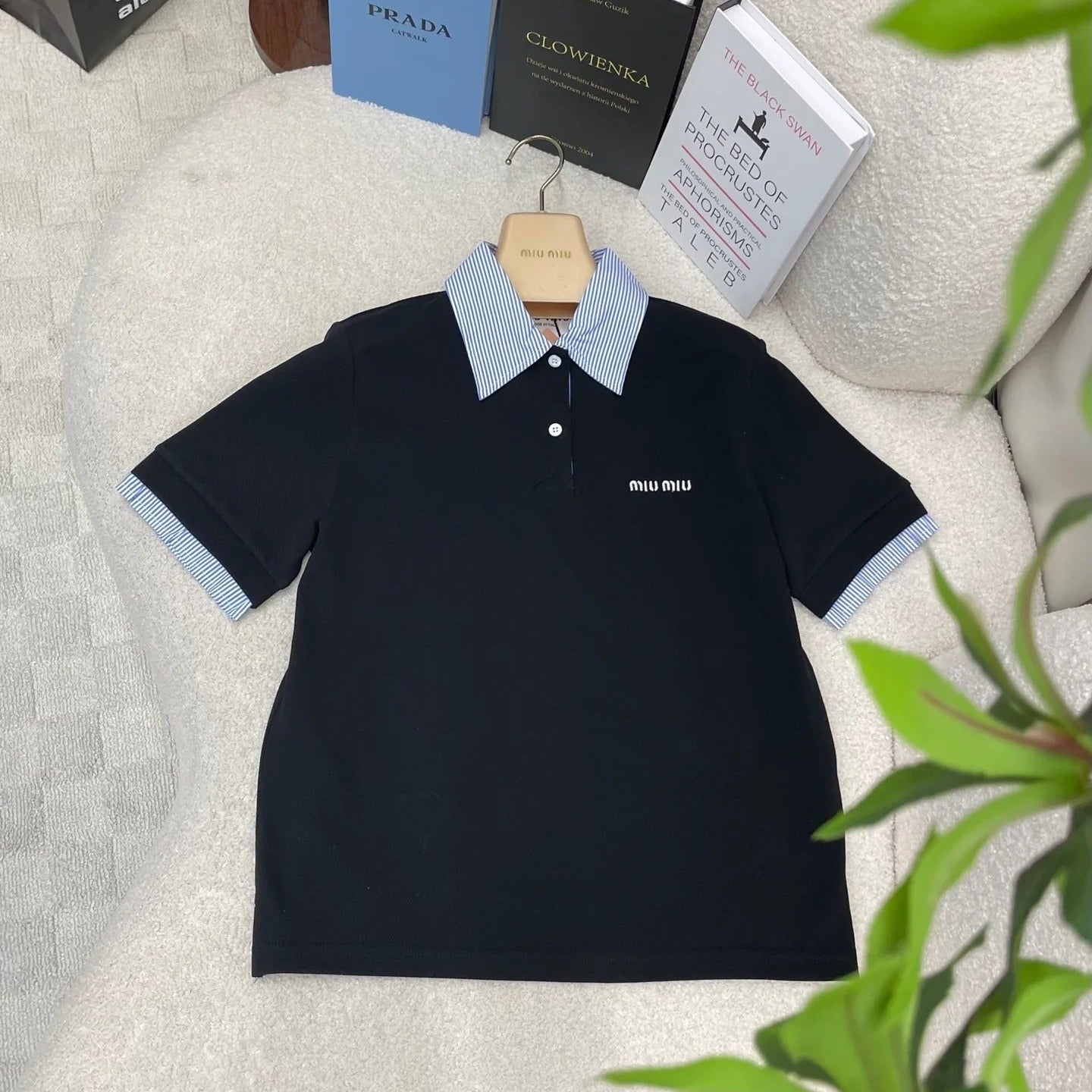 Miumiu 2026 Striped Patchwork Polo Shirt Black Blue Cotton