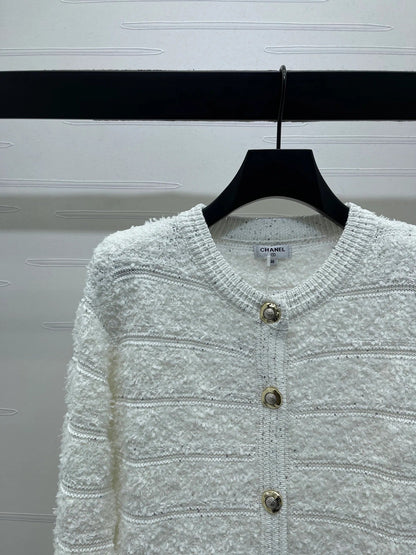 Chanel 2026 Striped Sequined Long-Sleeve Cardigan White Wool