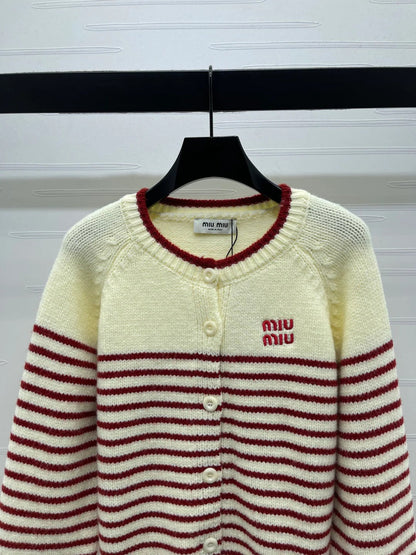 Miu 2026 Striped Knit Crew Neck Long-sleeved Cardigan Wool