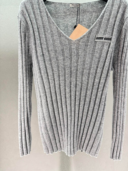Miumiu 2026 V-neck Sweater Grey Wool Cashmere