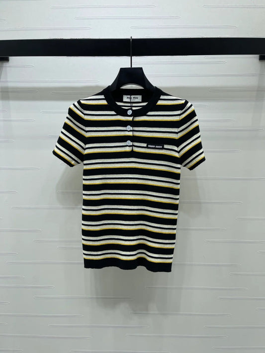 Miumiu 2026 Striped Knit Short-sleeved Top Cream and Black Wool Tencel 356453