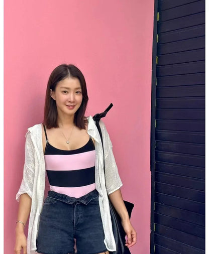 SWIMSUIT IN BLACK AND PINK HORIZONTAL STRIPES 626019