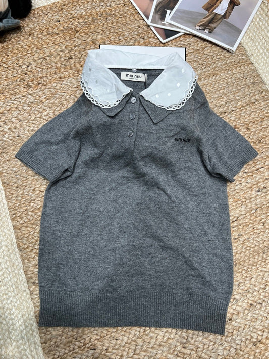 Miumiu 2026 Embroidered Poplin Collar Polo Gray Wool