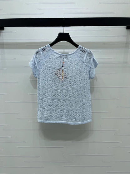 Miumiu 2026 Hollowed-out Knit Top Blue White Wool Polyester