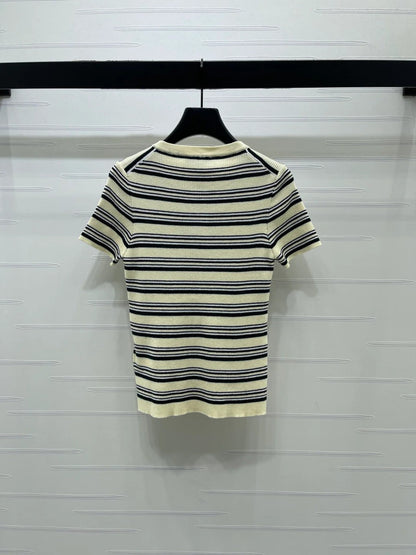Miumiu 2026 Striped Knit Short-sleeved Top Cream and Black Wool Tencel 356453