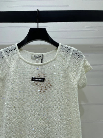 Miumiu 2026 Hollowed-out Knit Top Blue White Wool Polyester