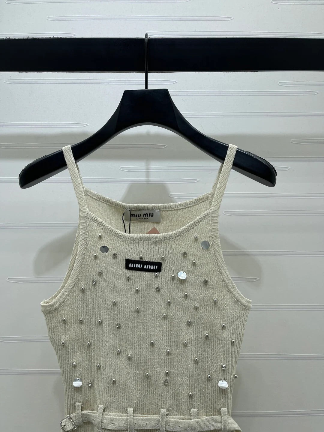 Miumiu 2026 Knit Top With Crystal Details And Belted Waist Wool