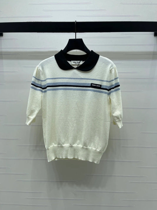Miumiu 2026 Pan Collar Knit Short-sleeved Top Cream and Black Tencel 352458