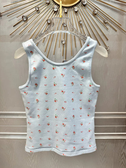 Prada 2026 Floral Print Vest Light Blue Cotton