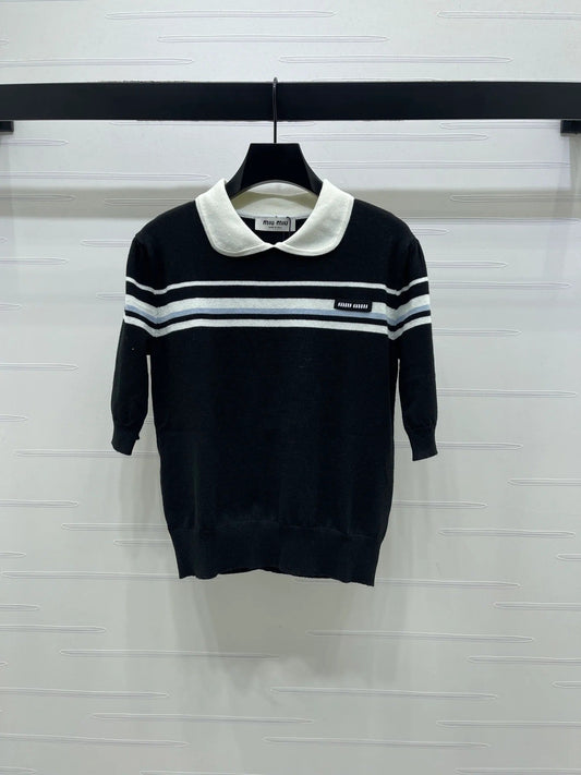 Miumiu 2026 Pan Collar Knit Short-sleeved Top Cream and Black Tencel 352458