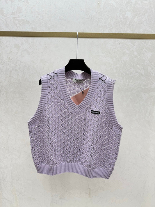 Miumiu 2026 Round Neck Openwork Knit Vest Cream and Purple Viscose Nylon