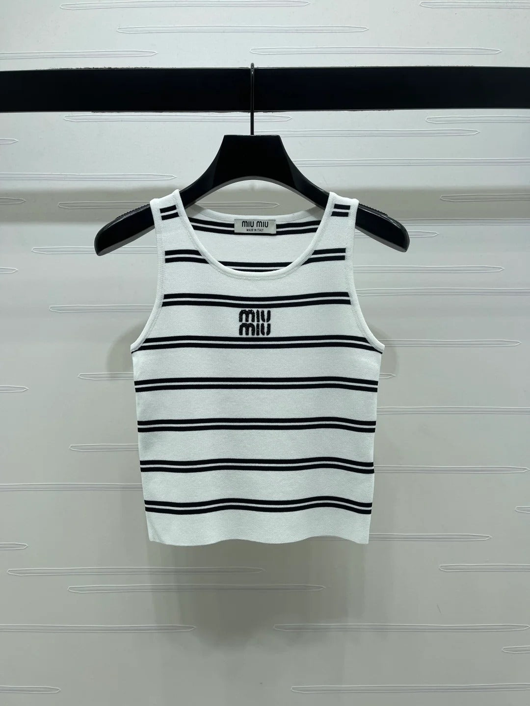 Miumiu 2026 Crew Neck Striped Knit Vest Black and White Wool 352631