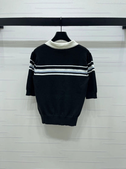 Miumiu 2026 Pan Collar Knit Short-sleeved Top Cream and Black Tencel 352458