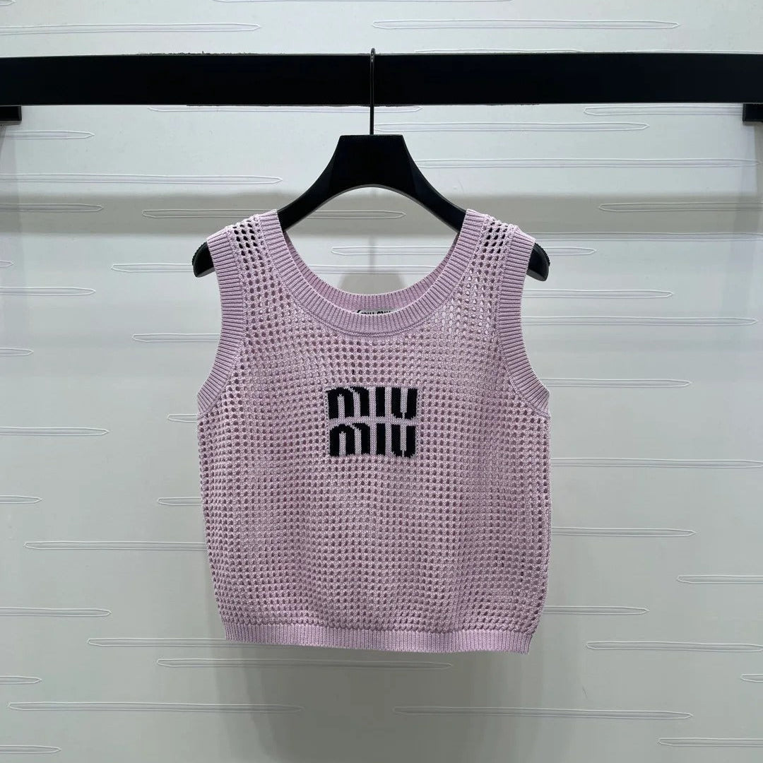 Miumiu 2026 Hollow-out Letter Knit Vest Yellow and Purple Cotton 352580