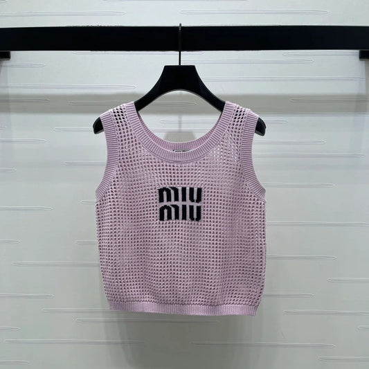 Miumiu 2026 Hollow-out Letter Knit Vest Yellow and Purple Cotton 352580