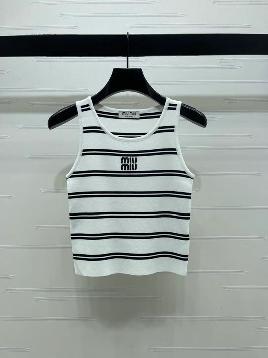 Miumiu 2026 Crew Neck Striped Knit Vest Black and White Wool 352631