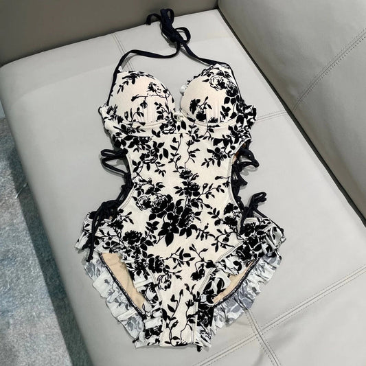 CC BIKINI SWIMSUIT SET IN IVORY MESH WITH BLACK VELVET FLORAL EMBROIDERY 622181