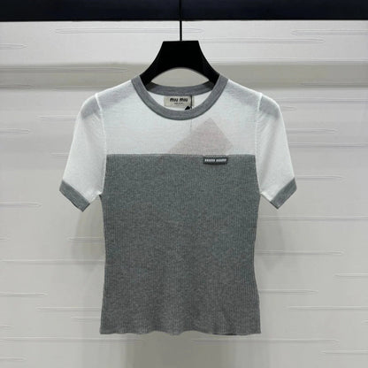 MIUMIU CREW NECK SHORT-SLEEVE SHEER KNIT TOP 274812