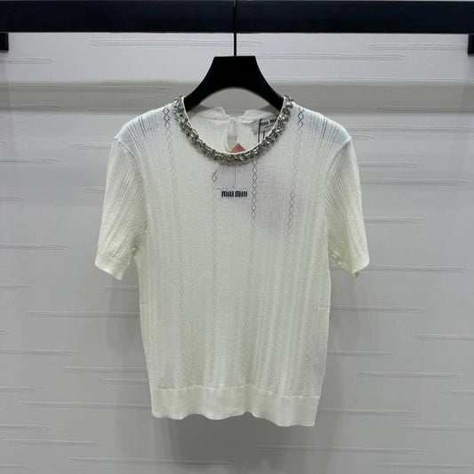 MIU 25S RHINESTONE COLLAR T-SHIRT 264095