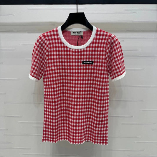 MIUMIU CREW NECK SHORT-SLEEVE PLAID KNIT TOP 274834