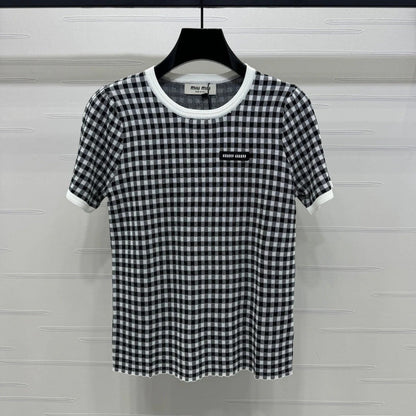 MIUMIU CREW NECK SHORT-SLEEVE PLAID KNIT TOP 274833