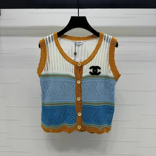 CHANEL EMBROIDERED LOGO OPEN-KNIT VEST 274868