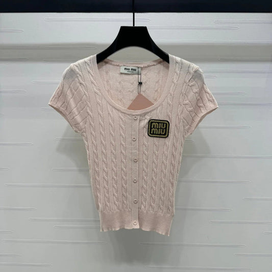 MIUMIU U-NECK KNITTED SHORT-SLEEVE TOP PINK 274947