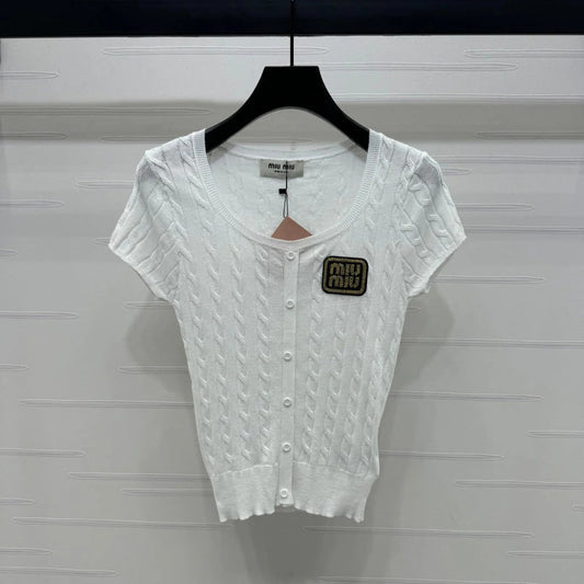 MIUMIU U-NECK KNITTED SHORT-SLEEVE TOP WHITE 274946