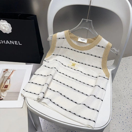 STRIPED TANK TOP 615178 IN WHITE COTTON RIBBED BEIGE TRIM