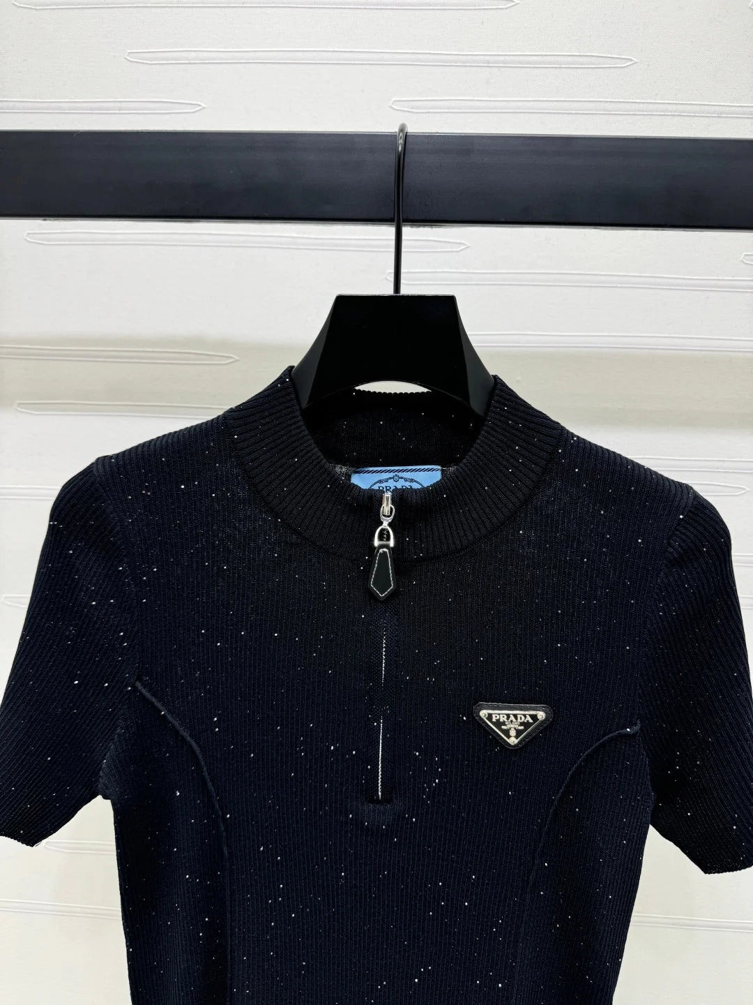 PRADA MOCK NECK SHORT-SLEEVE KNIT TOP BLACK 274816