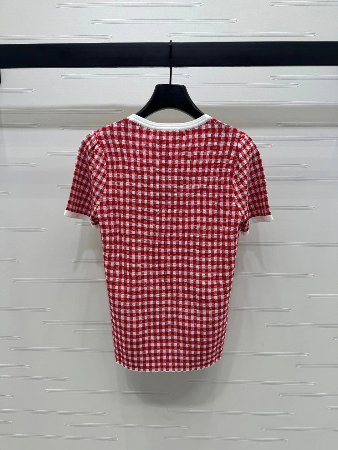 MIUMIU CREW NECK SHORT-SLEEVE PLAID KNIT TOP 274834